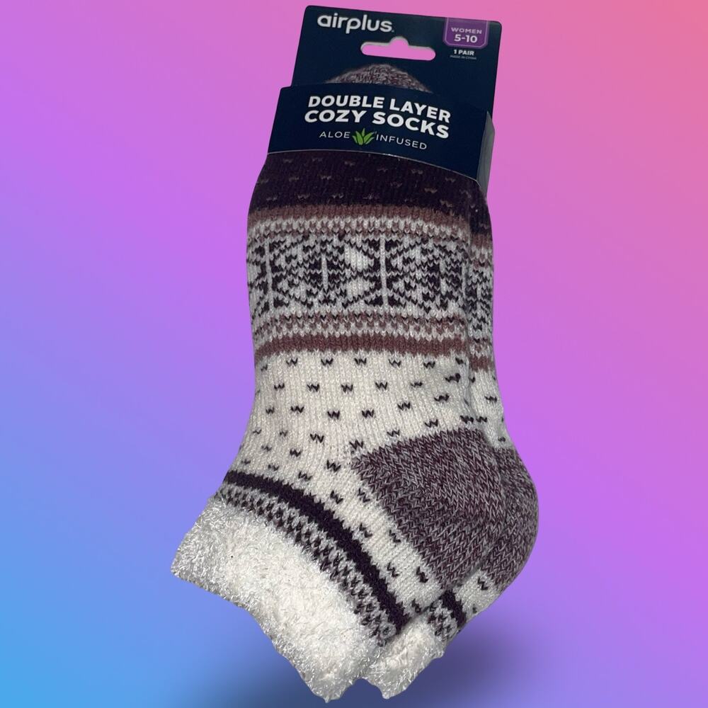 Airplus Double Layer Cozy Socks Purple Fair Isle Snowflake Aloe Infused NWT 5-10